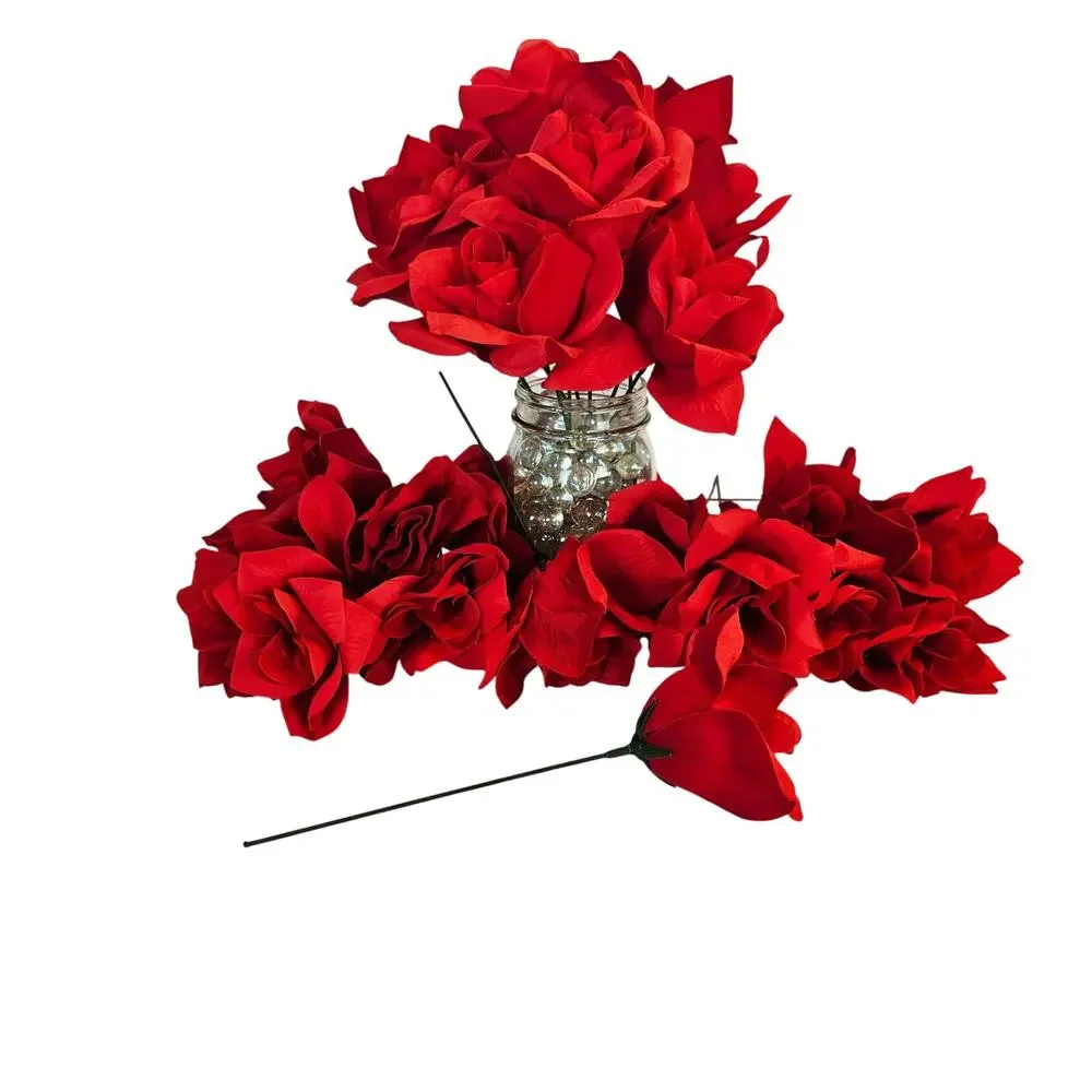 Red Artificial Silk Rose Flowers Wired Stems Wedding Craft 3